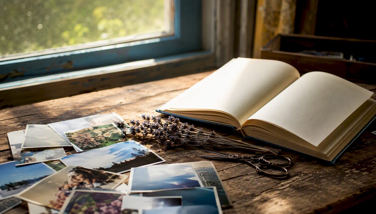 Printed photos and scrapbook on table