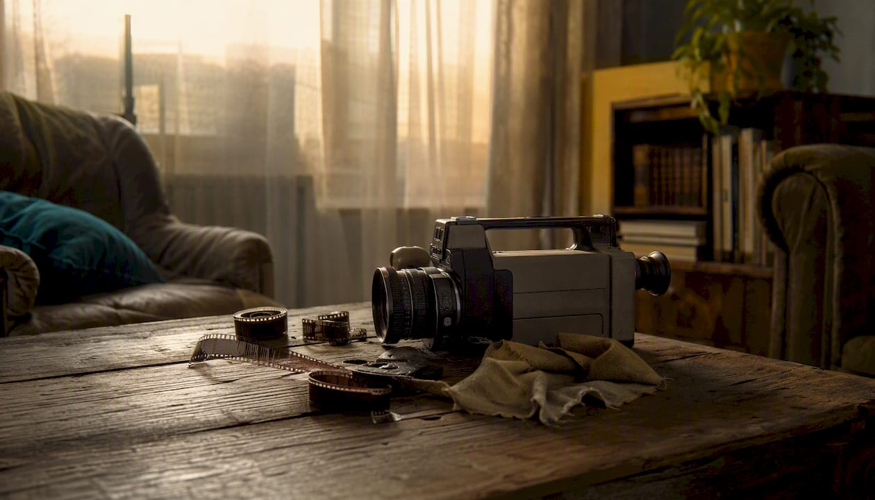 Vintage video camera and film strips on rustic table