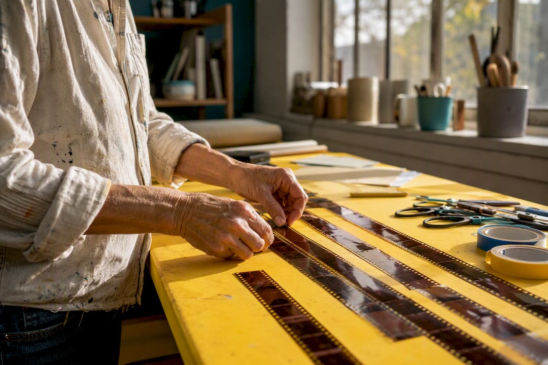 Hands cutting vintage film strips