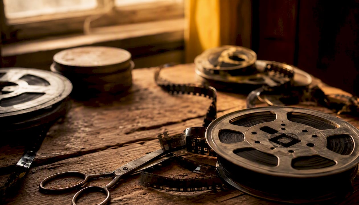 Vintage film reels and scissors on wood