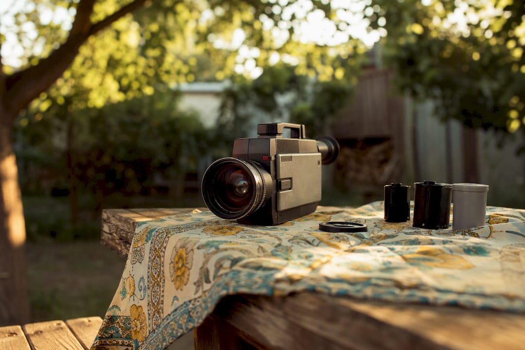 Vintage camcorder on wooden surface