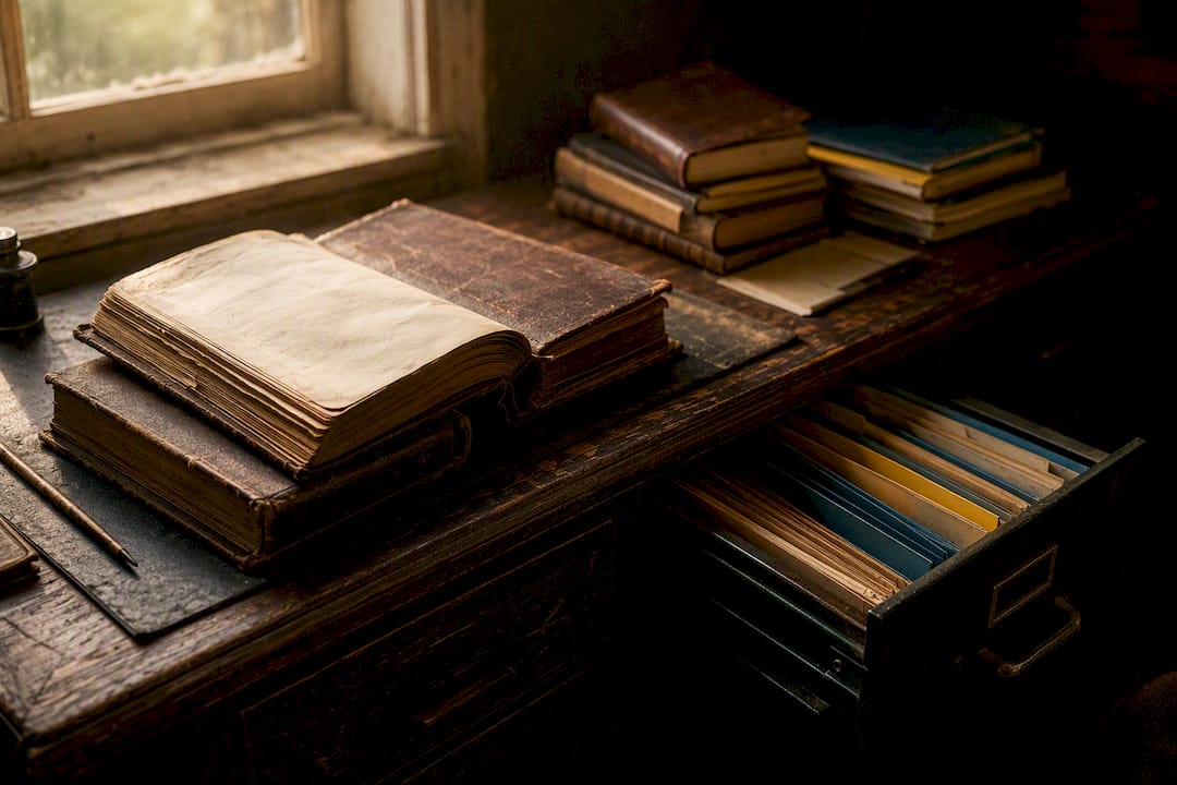 Leather notebooks and filing cabinet drawer