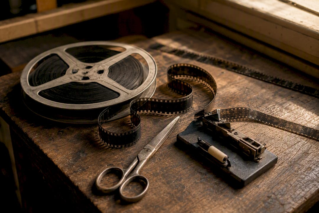 Vintage film reels and editing tools on wooden table