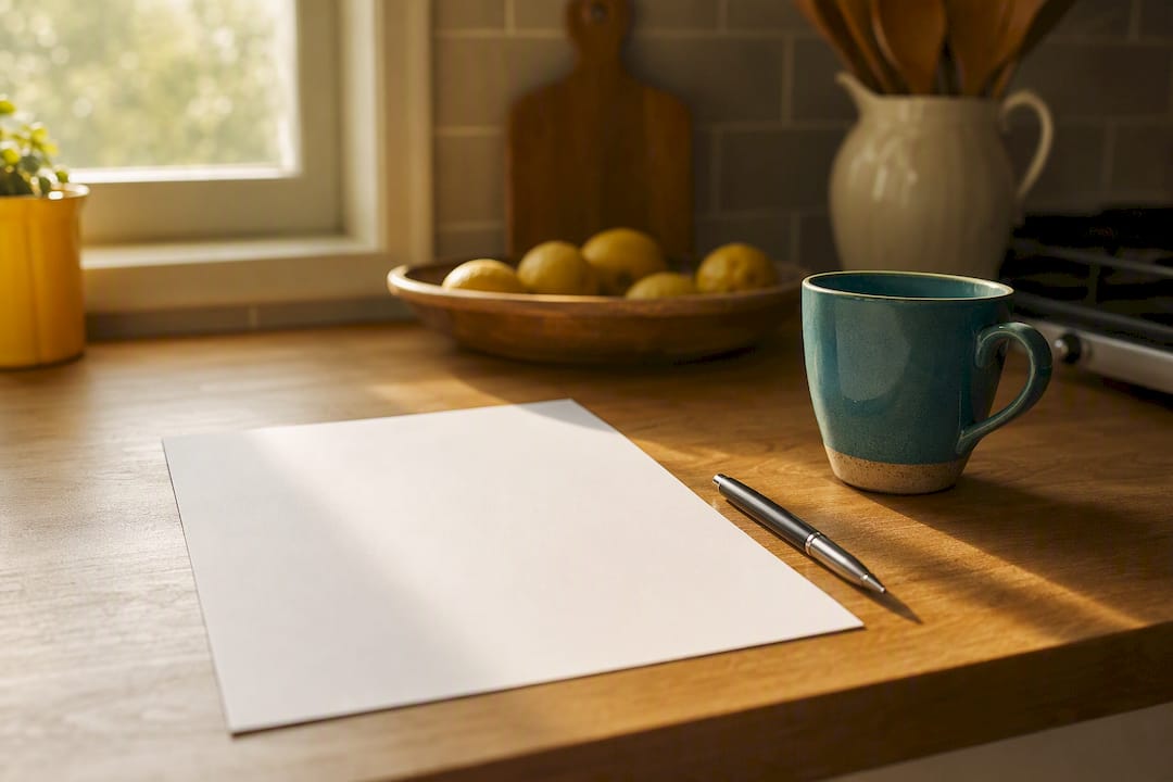 Blank paper and pen on wooden desk