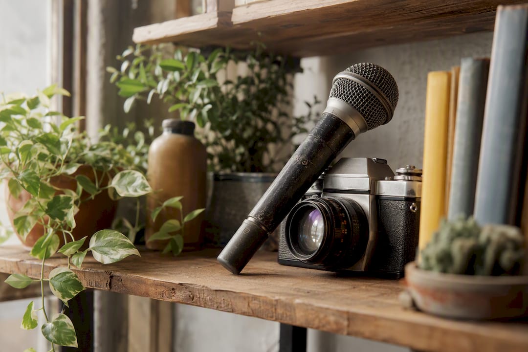 Vintage camera and microphone on wooden shelf