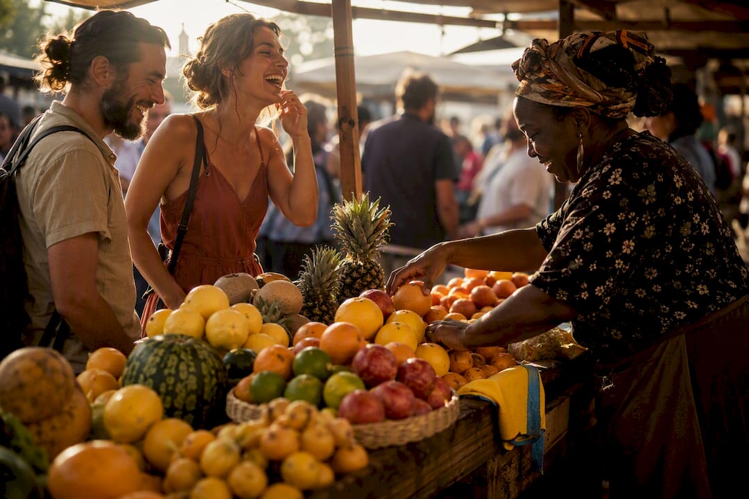 Friends laughing beside a lively market stall