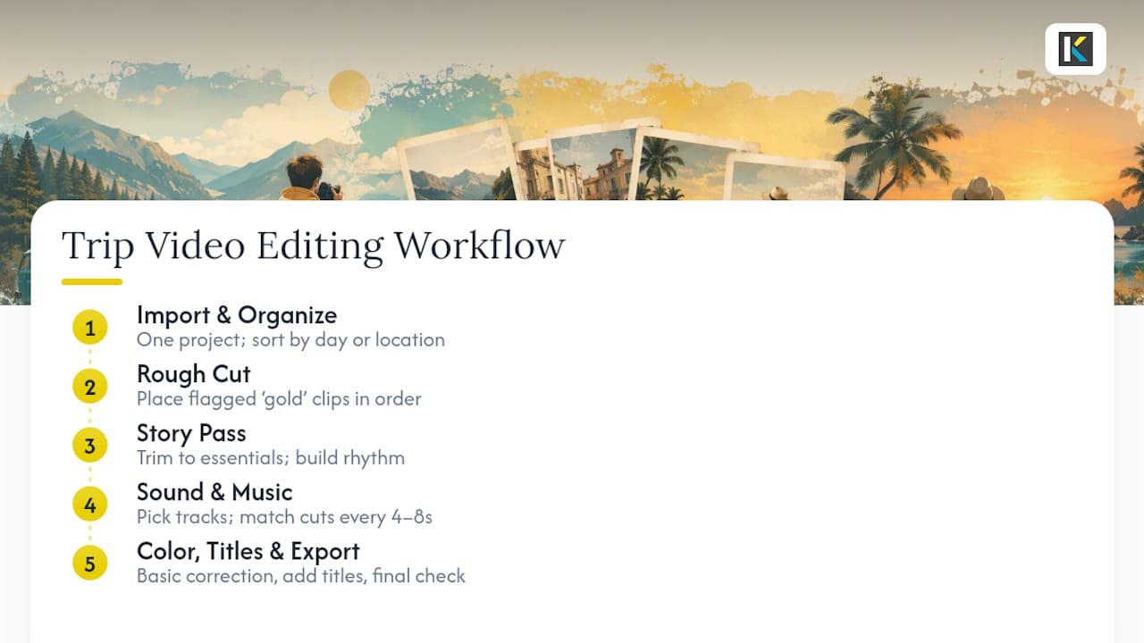 Five-stage trip video editing workflow