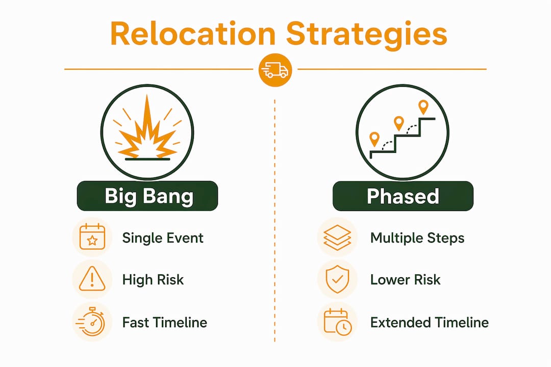 Infographic comparing Big Bang and Phased relocation strategies