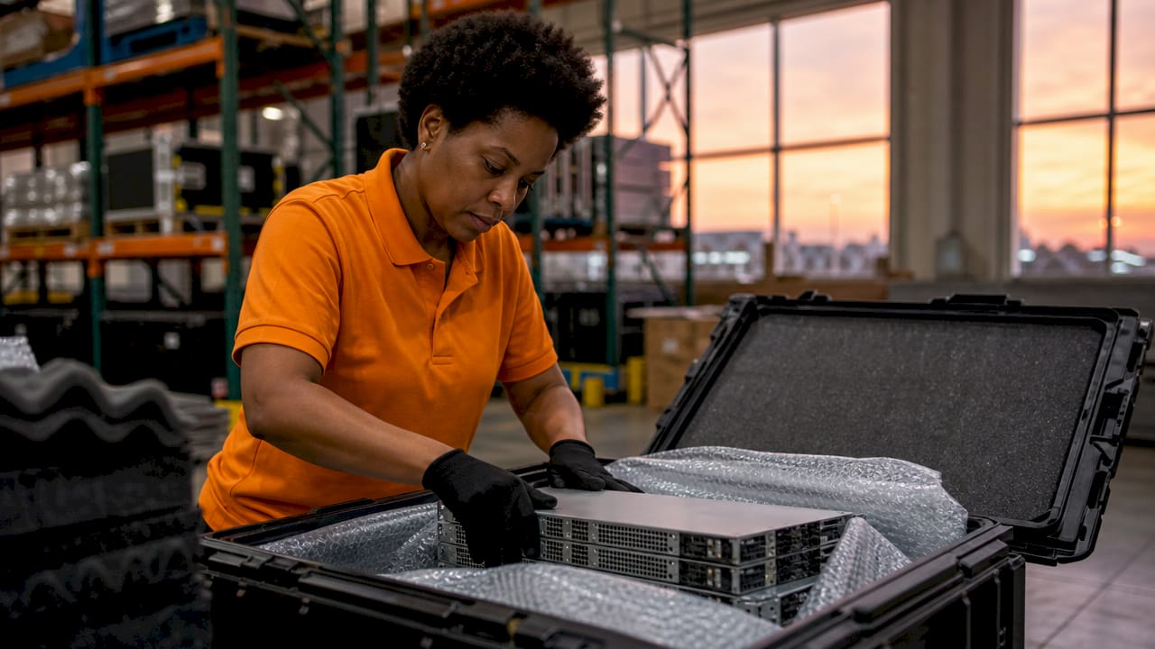 Technician packing servers into transport crates