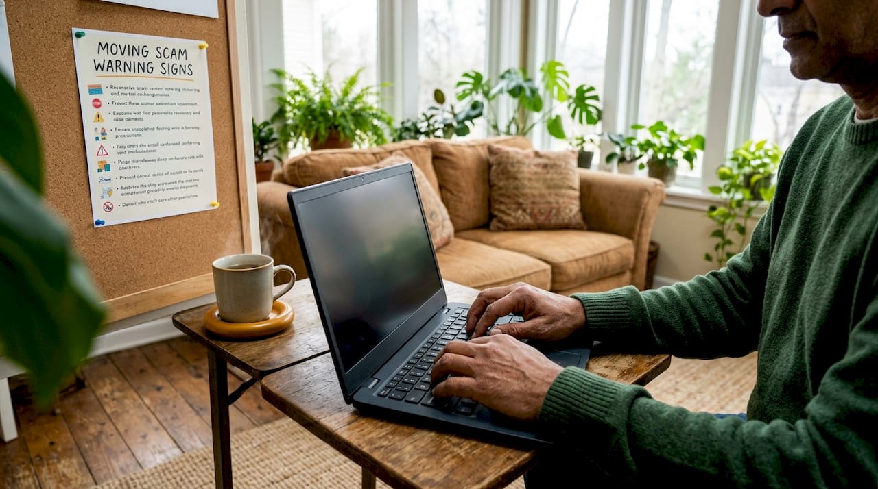 Hands typing with moving scam warnings nearby