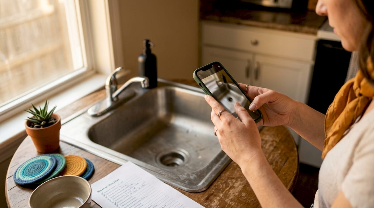 Hands photographing kitchen countertop condition for walkthrough
