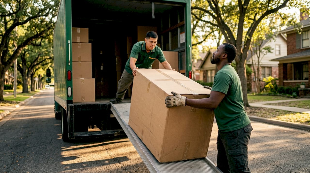 Movers loading boxes into moving truck