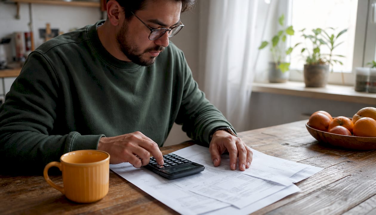 Man calculating moving costs at home office desk