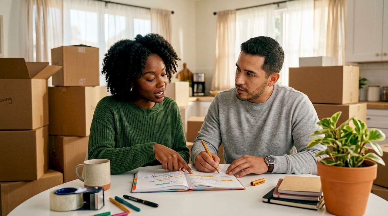 Couple planning moving timeline at home