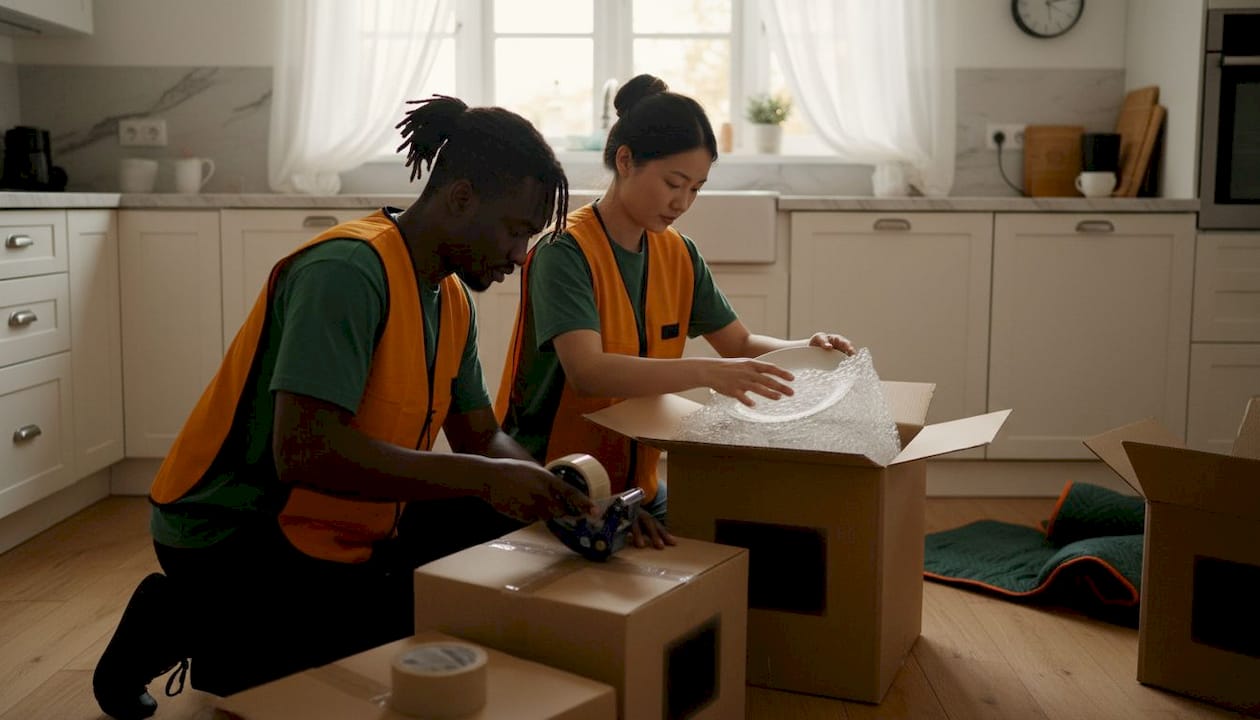 Movers efficiently packing and organizing boxes