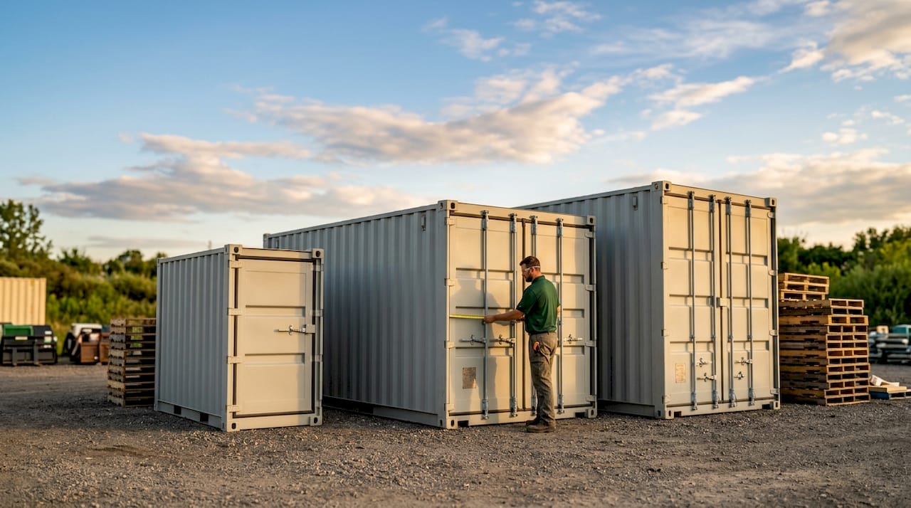 Warehouse showing three mobile storage container sizes