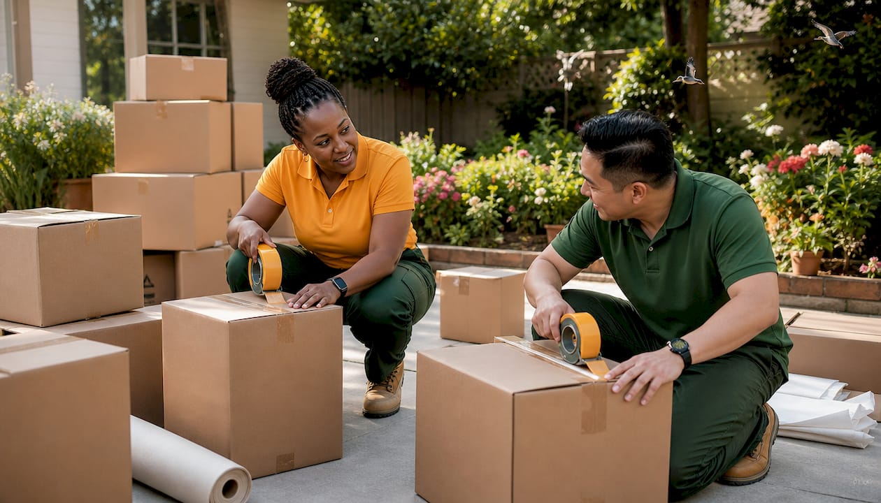 Professional packers taping boxes in garage