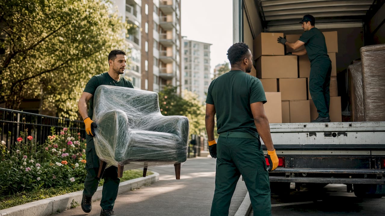 Movers loading furniture into truck