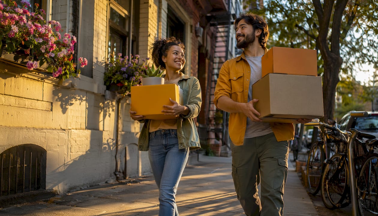 Couple carrying moving boxes in city neighborhood