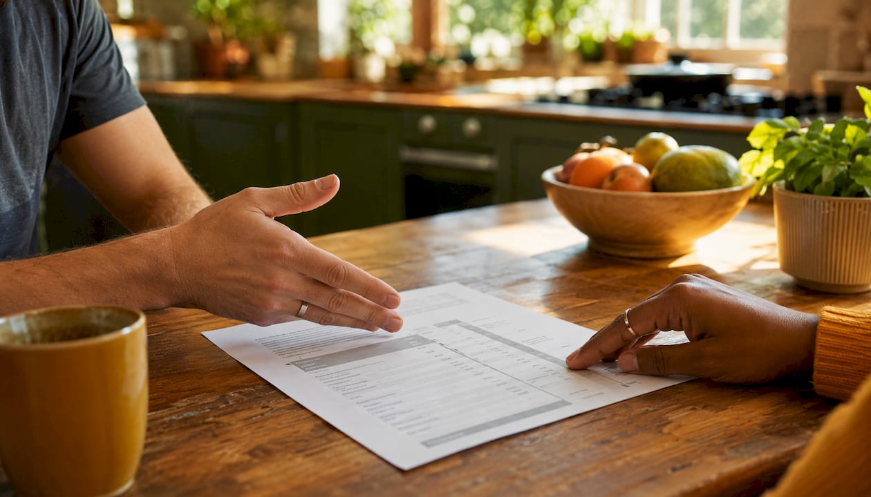 Hands pointing at itemized mover fees on contract