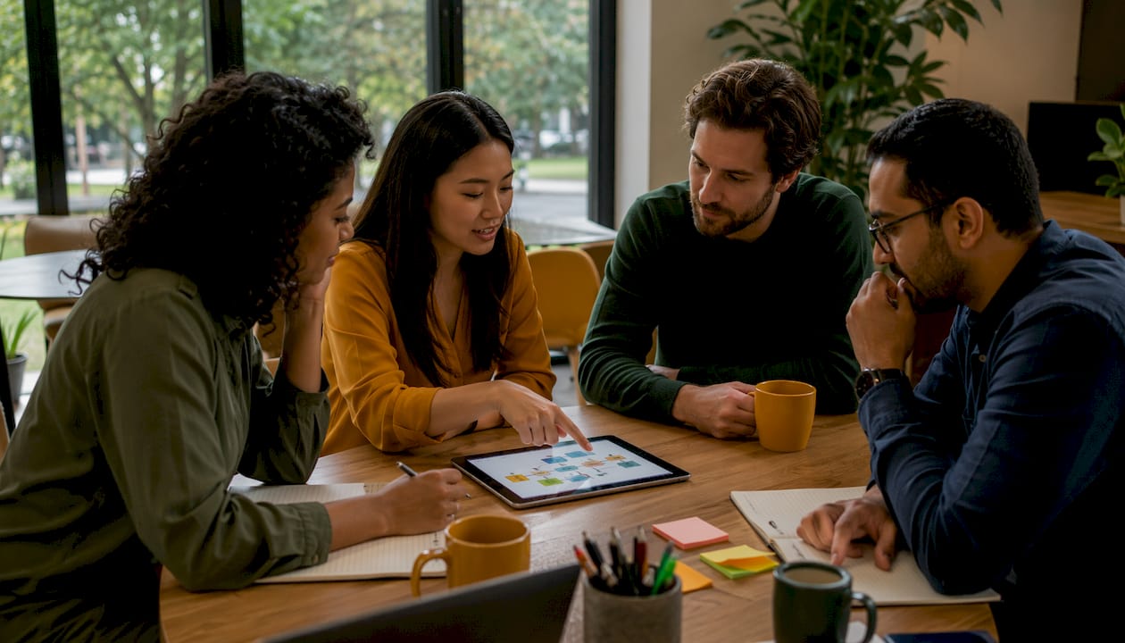 Team discussing strategic alignment around whiteboard in meeting room