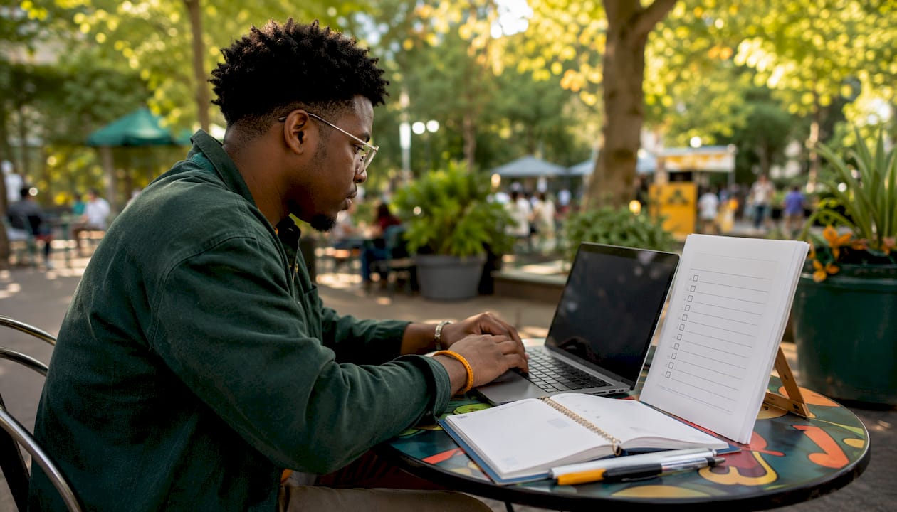 Young man typing evaluation checklist at home office desk
