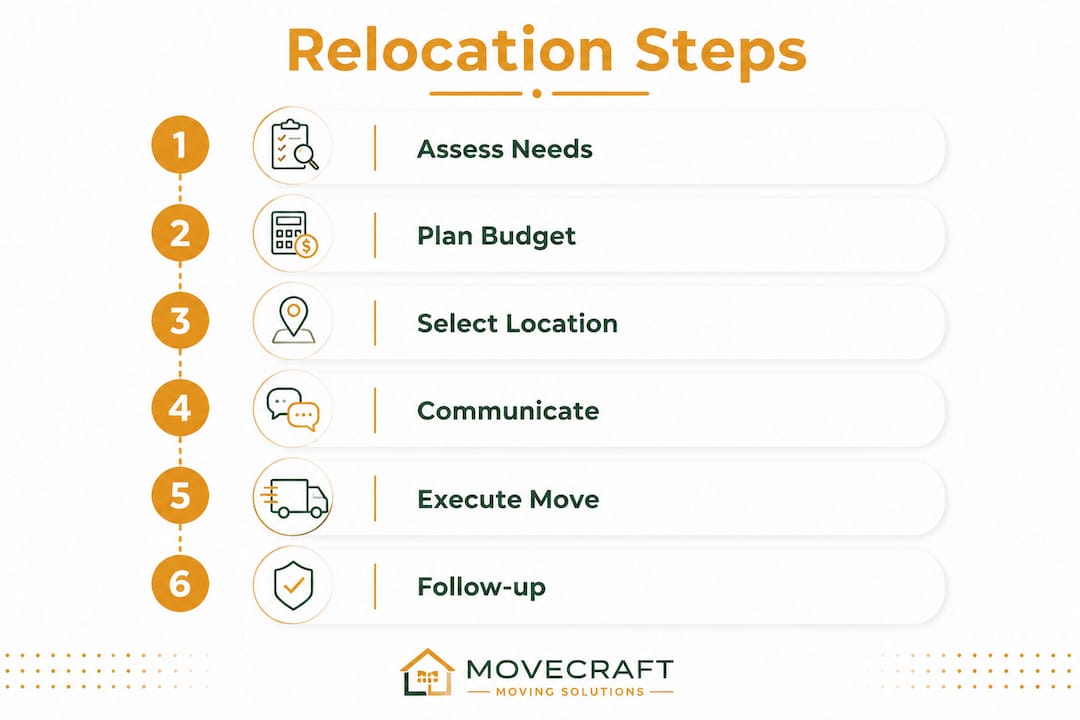 Infographic outlining six key steps in business relocation process