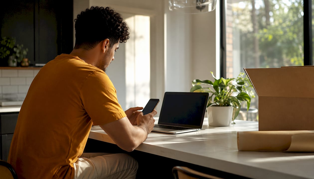 Man scheduling internet installation from living room