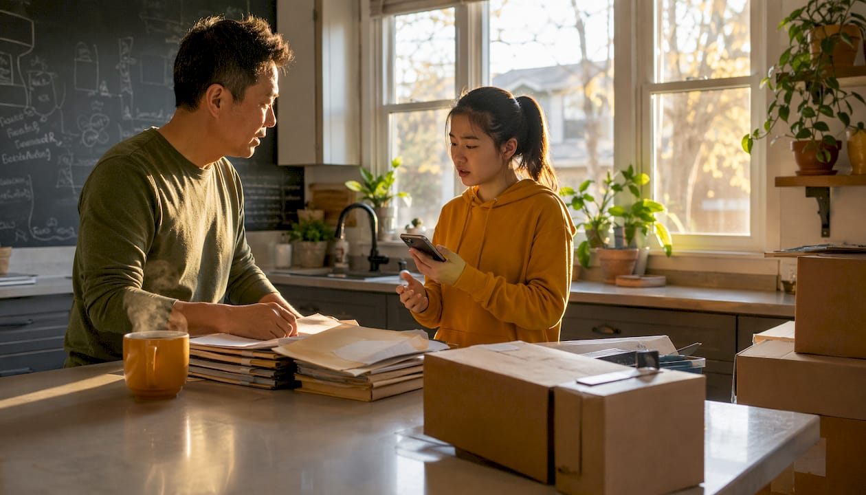 Father and daughter planning relocation logistics