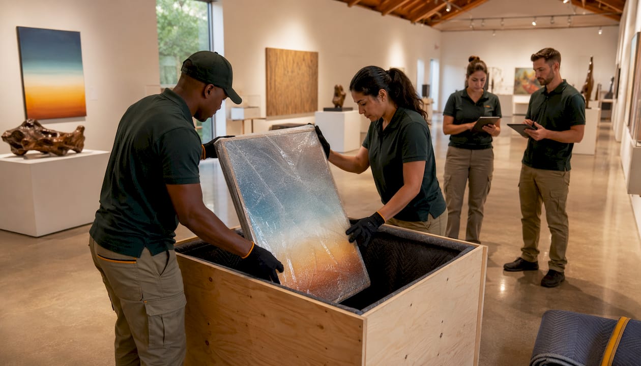 Team carefully packing luxury items in hotel lobby