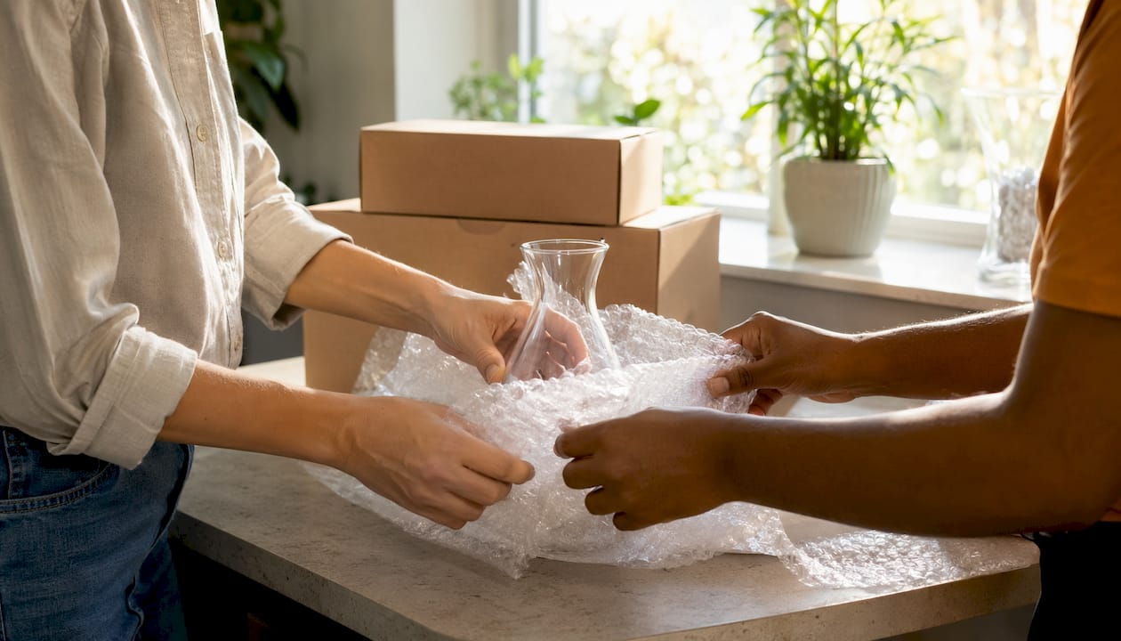 Hands packing fragile household item in living room