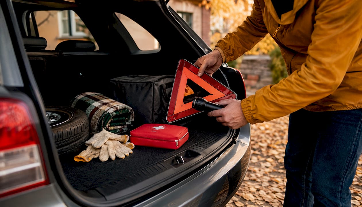 Hands placing emergency equipment in car trunk