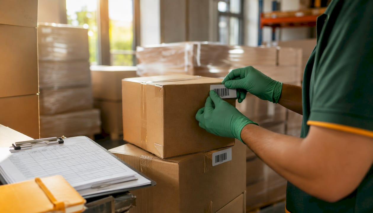 Hands scanning IT equipment asset tags in warehouse
