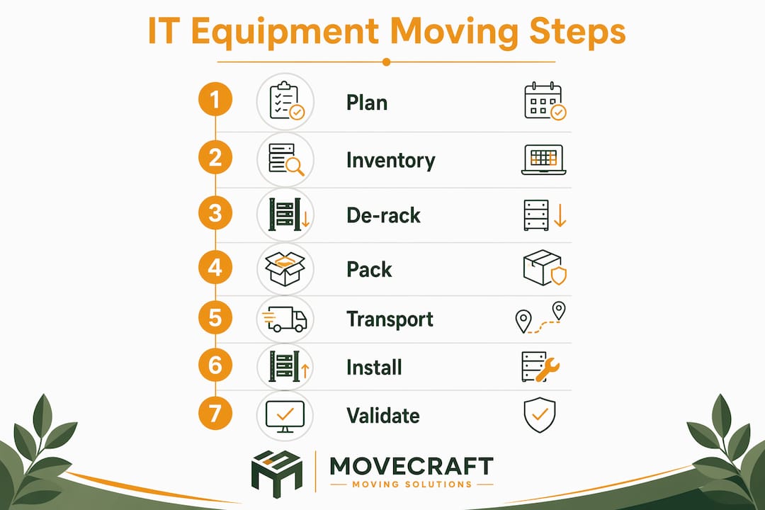 Infographic showing IT equipment moving steps
