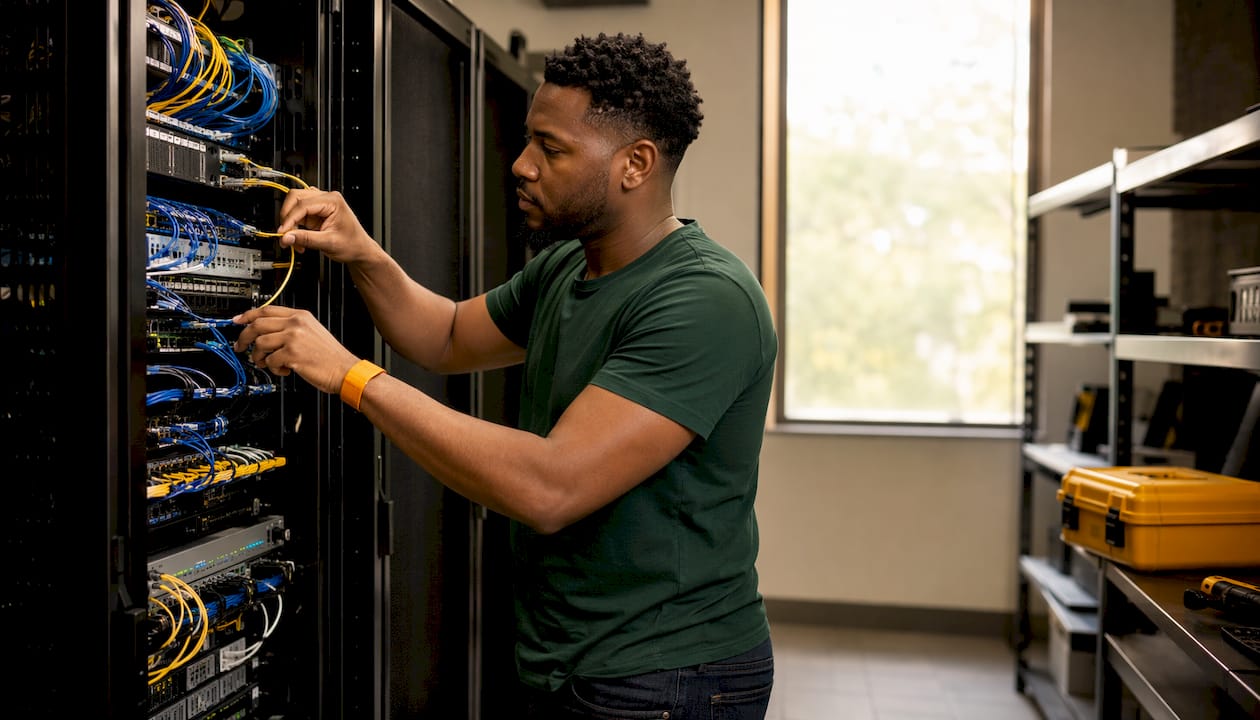 IT technician working in server room