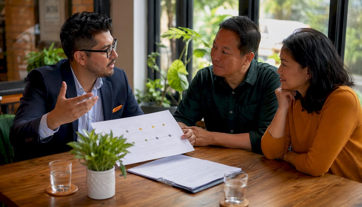 Relocation coordinator discussing plan with couple