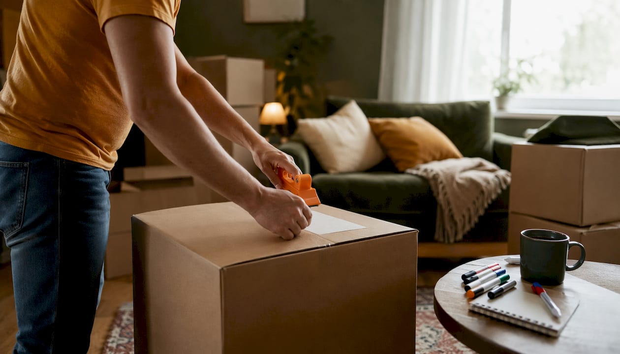 Hands applying label to moving box in home office