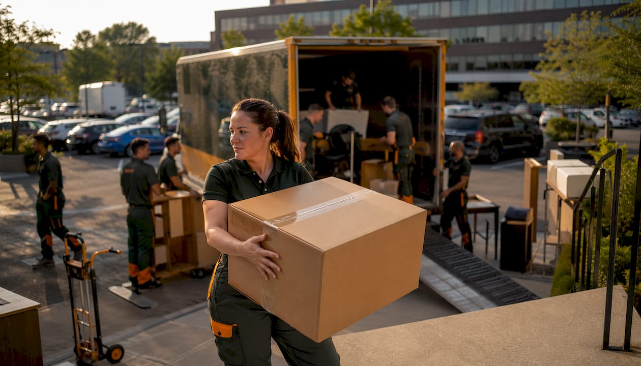 Movers loading office furniture onto truck