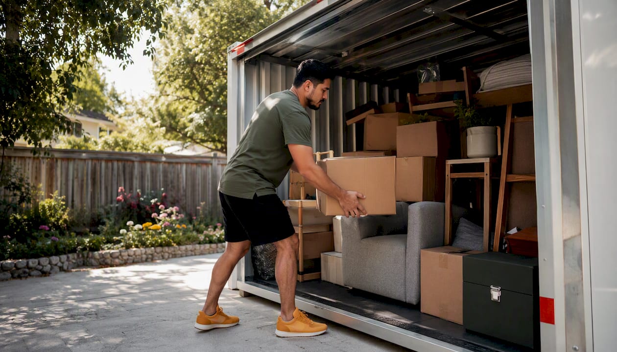 Man loading portable moving container outdoors