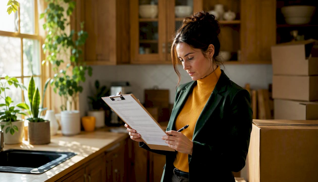 Woman reviewing moving contract in living room