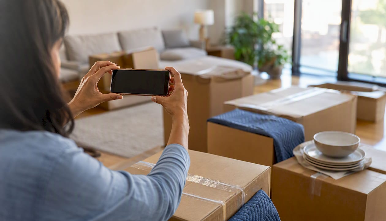 Hands photographing packed belongings before move