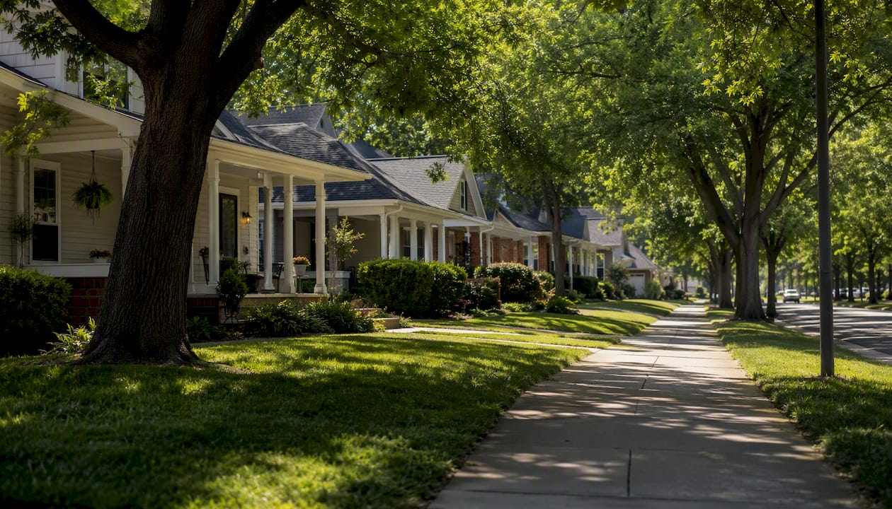 Suburban tree-lined neighborhood street and family homes