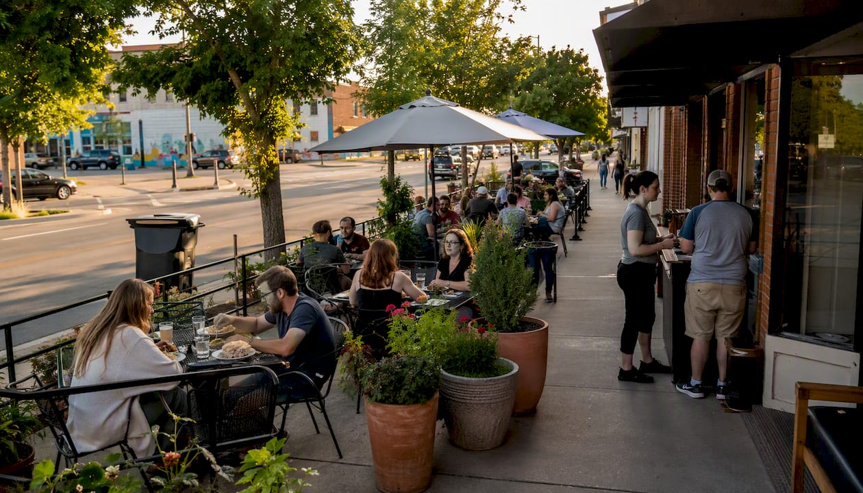 Walkable urban restaurant street in Plaza District