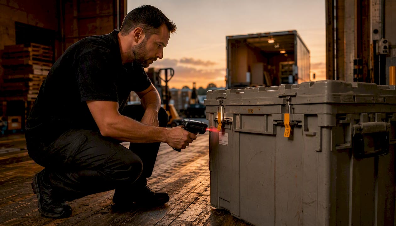 Mover scanning sealed container barcode at delivery checkpoint