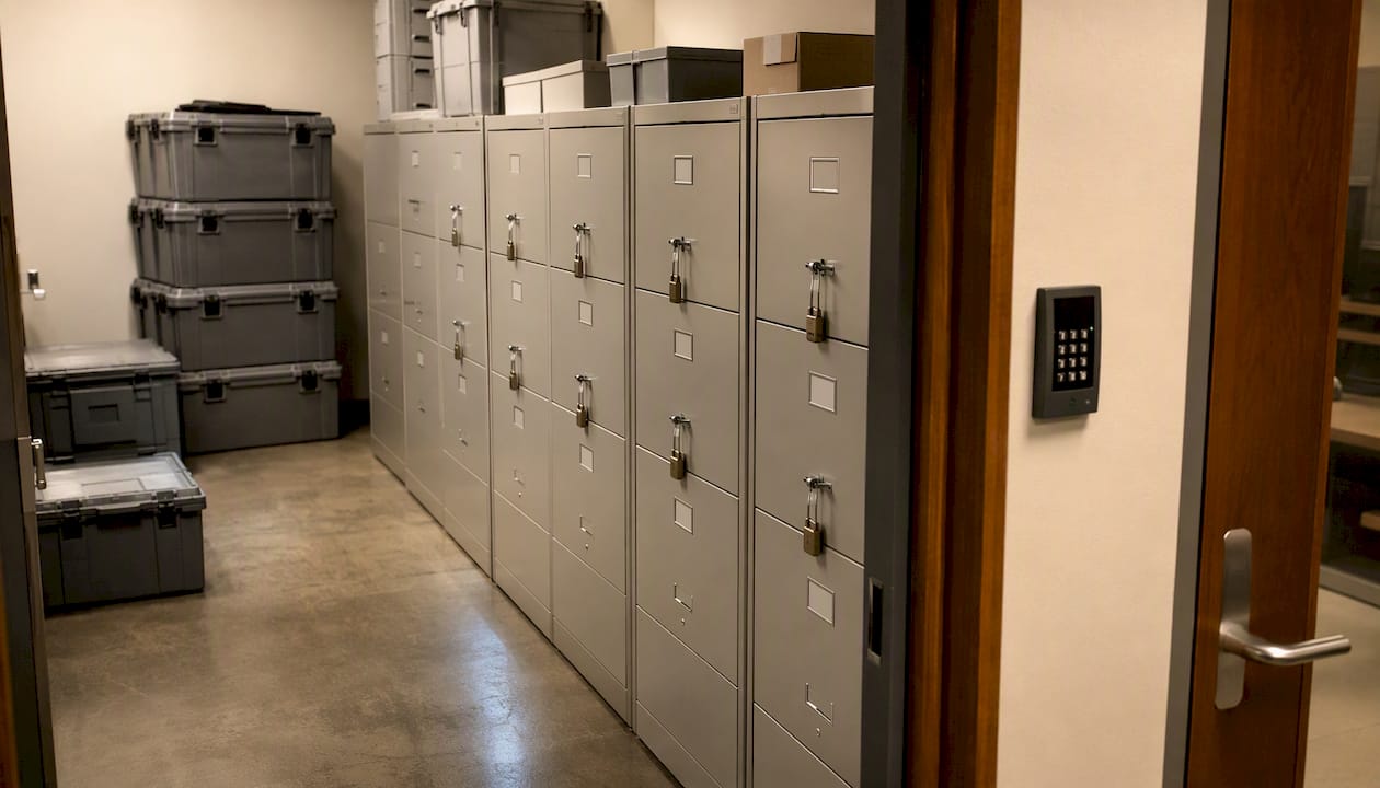 Secure locked storage room for files