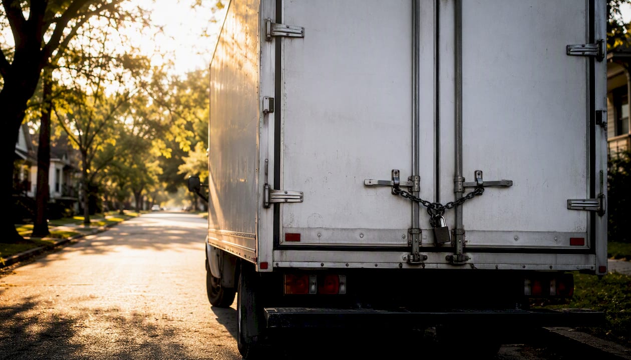 Locked moving truck on suburban street at sunset