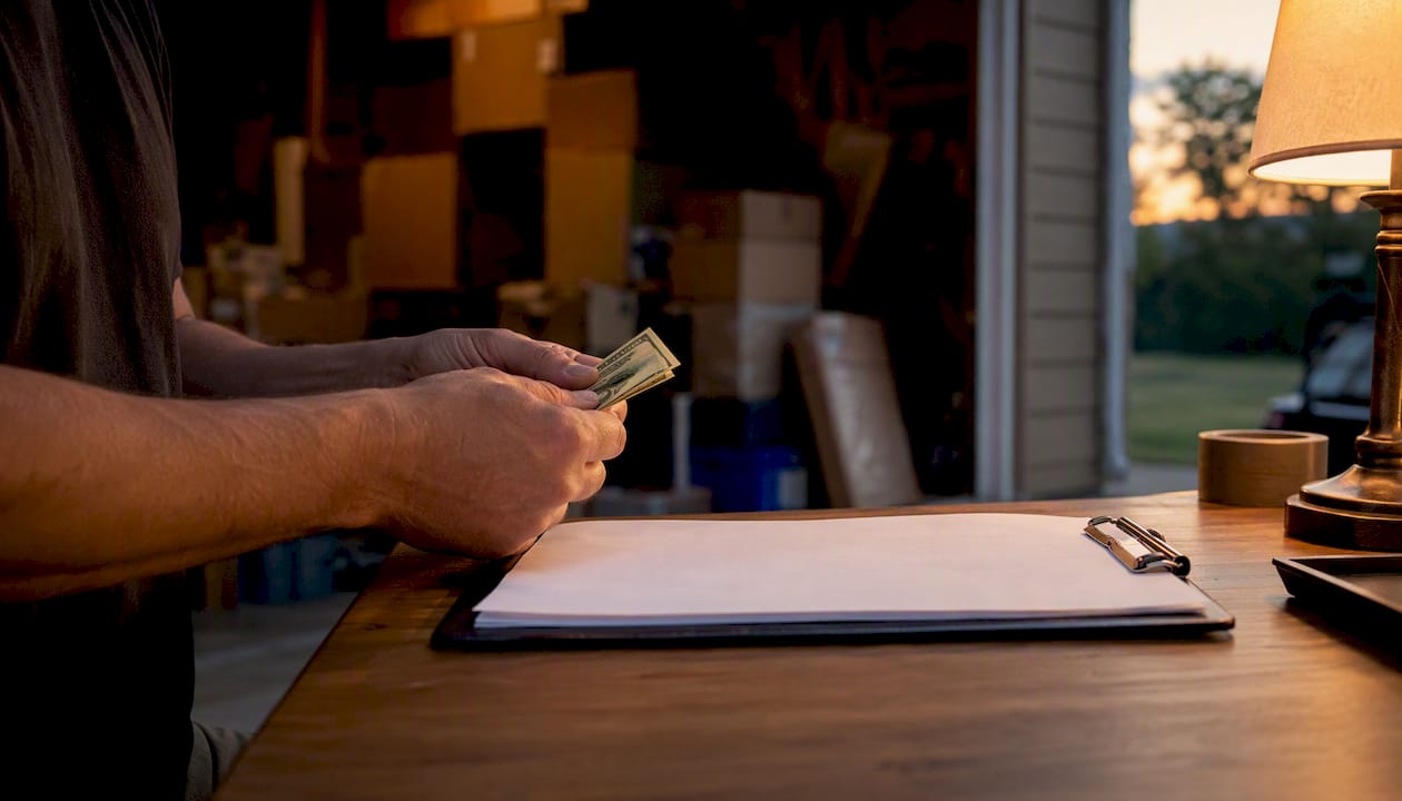 Mover counting cash next to blank clipboard in van
