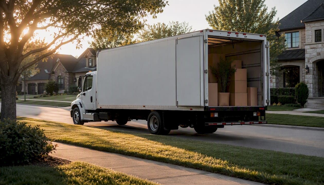 Moving truck parked early morning suburban street