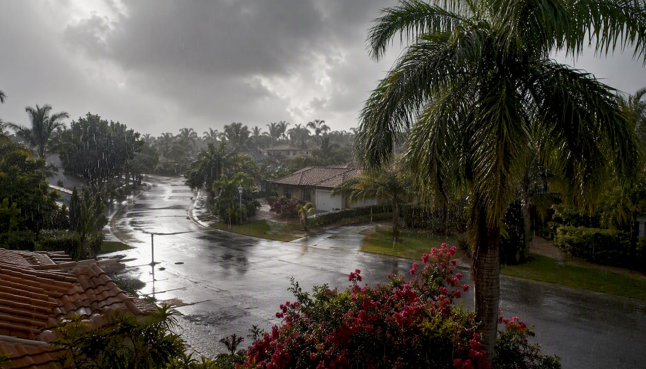 Florida neighborhood during summer thunderstorm