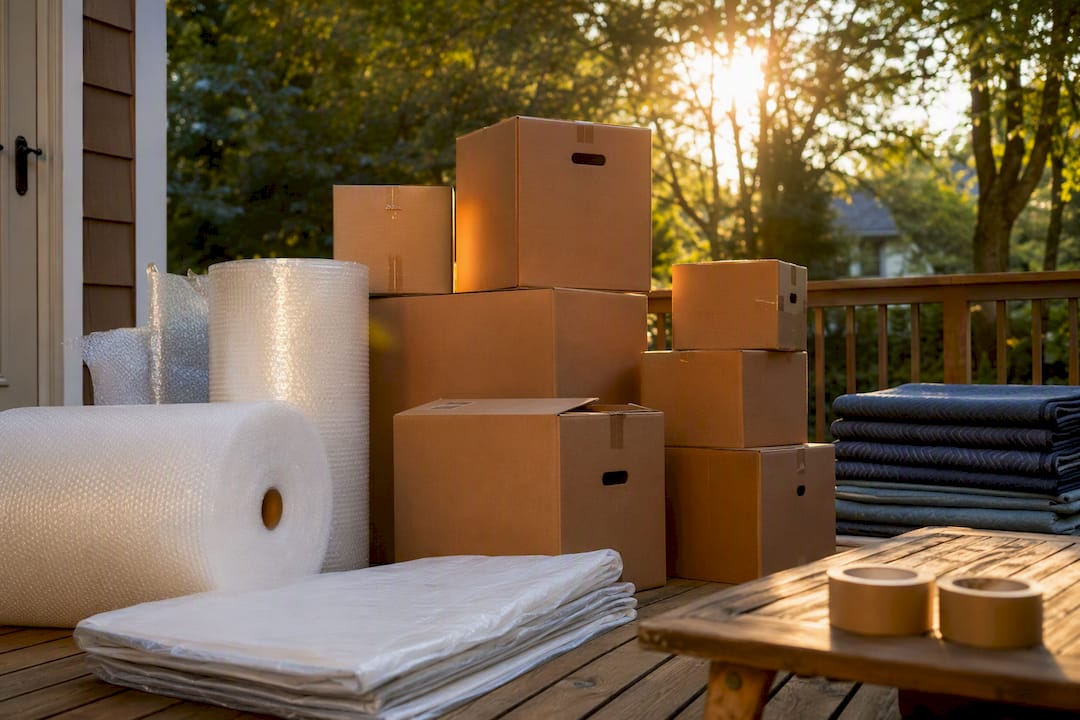 Assorted moving packing supplies on table